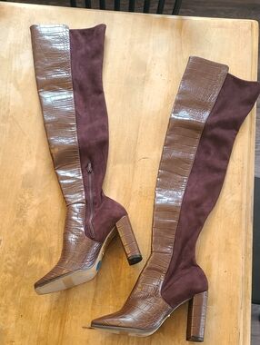 Aldo Two-Tone Over-the-Knee Croc-Panel Boots in Brown and Burgundy